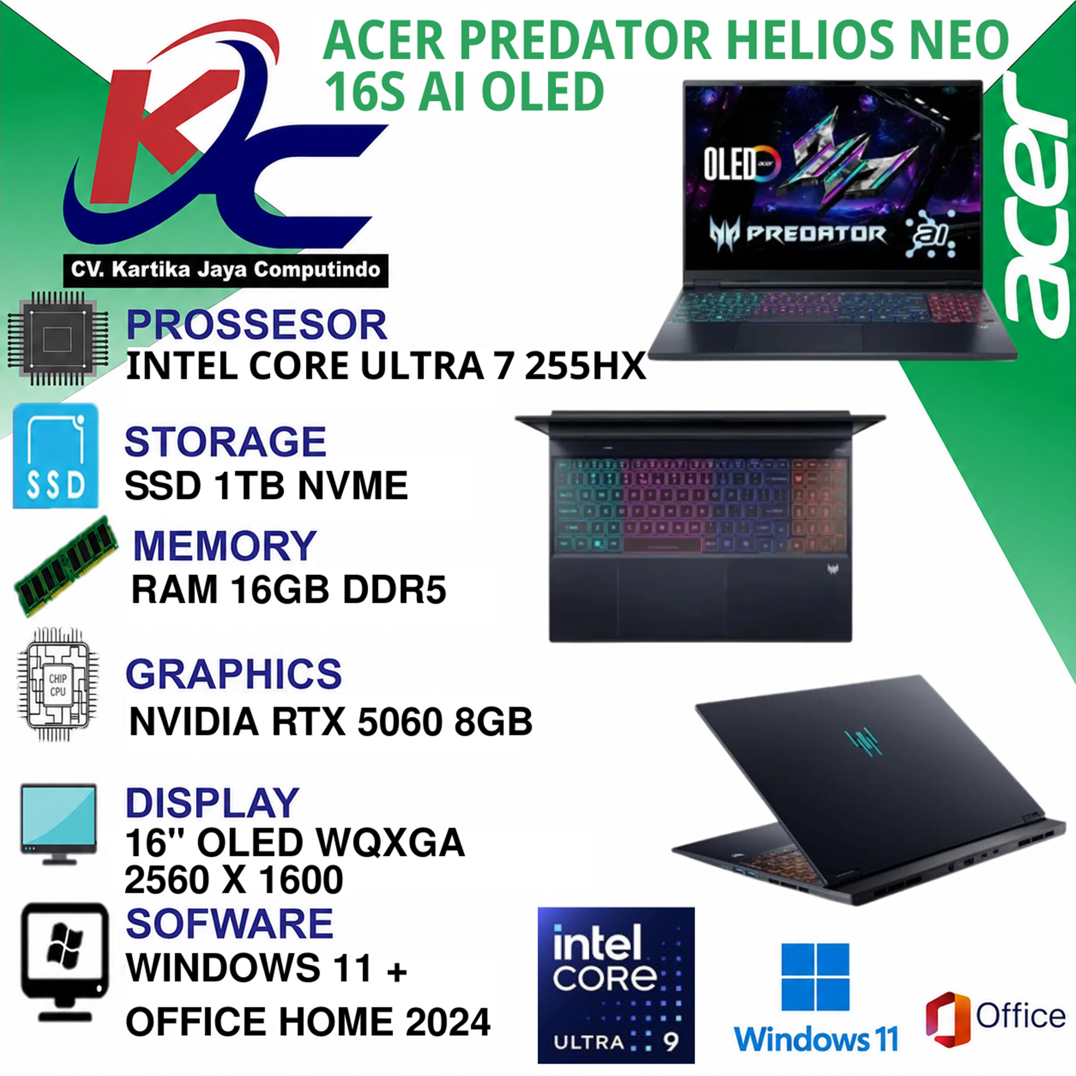 ACER PHN16S-71-78UQ  ULTRA 7-255HX/ 16GB/ SSD 1TB/ RTX5060-8GB/ W11 OHS+M365
